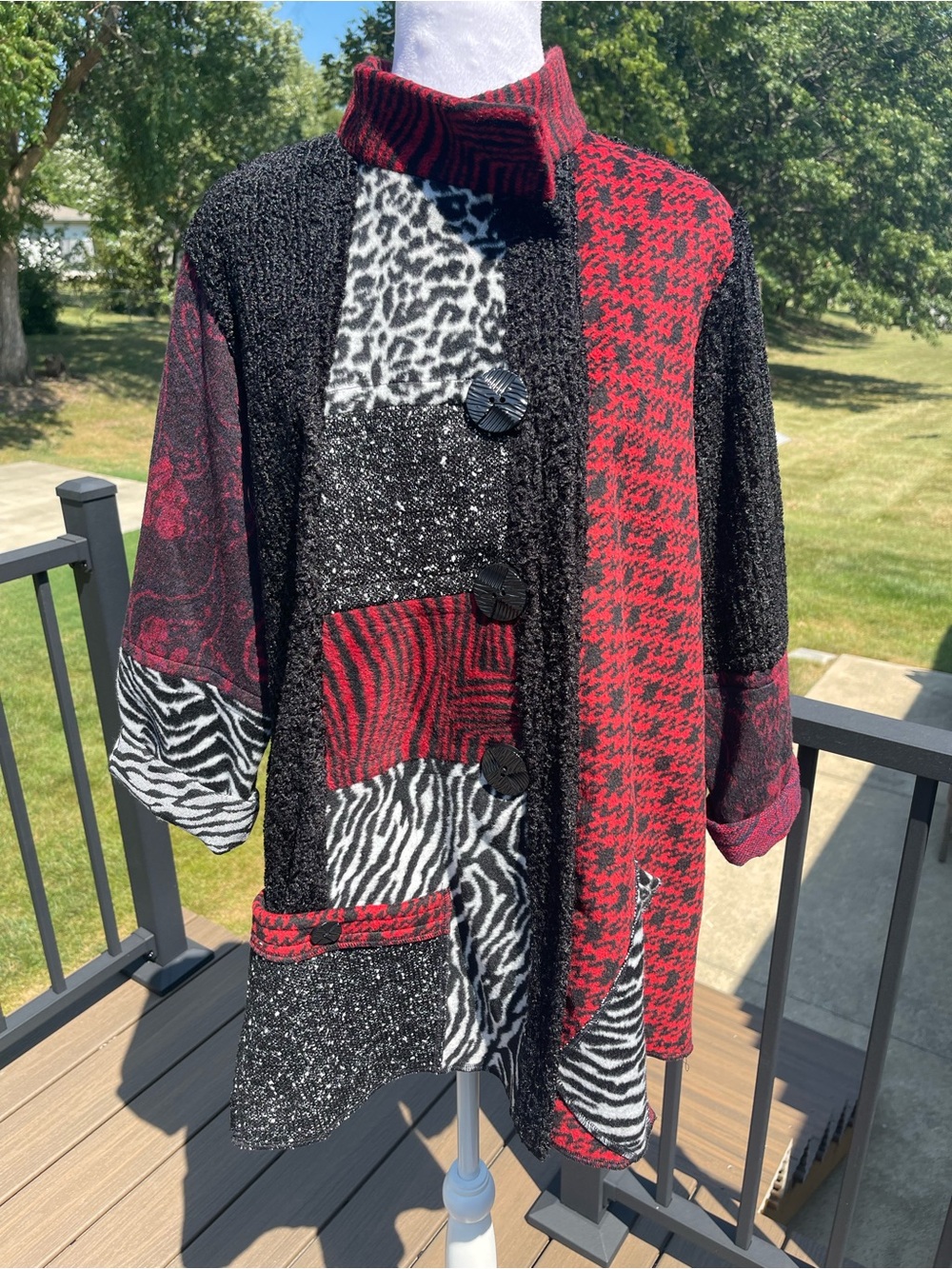 Ali Miles Black Red Textured Patchwork Houndstooth Animal Print Large Jacket